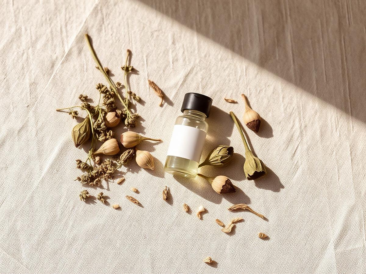 Herbs, seed pods and a homeopathic vial on natural linen